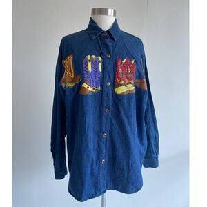 Vtg 90's Cowboy Boots Blue Denim Button Up Shirt OS Western Long Sleeve